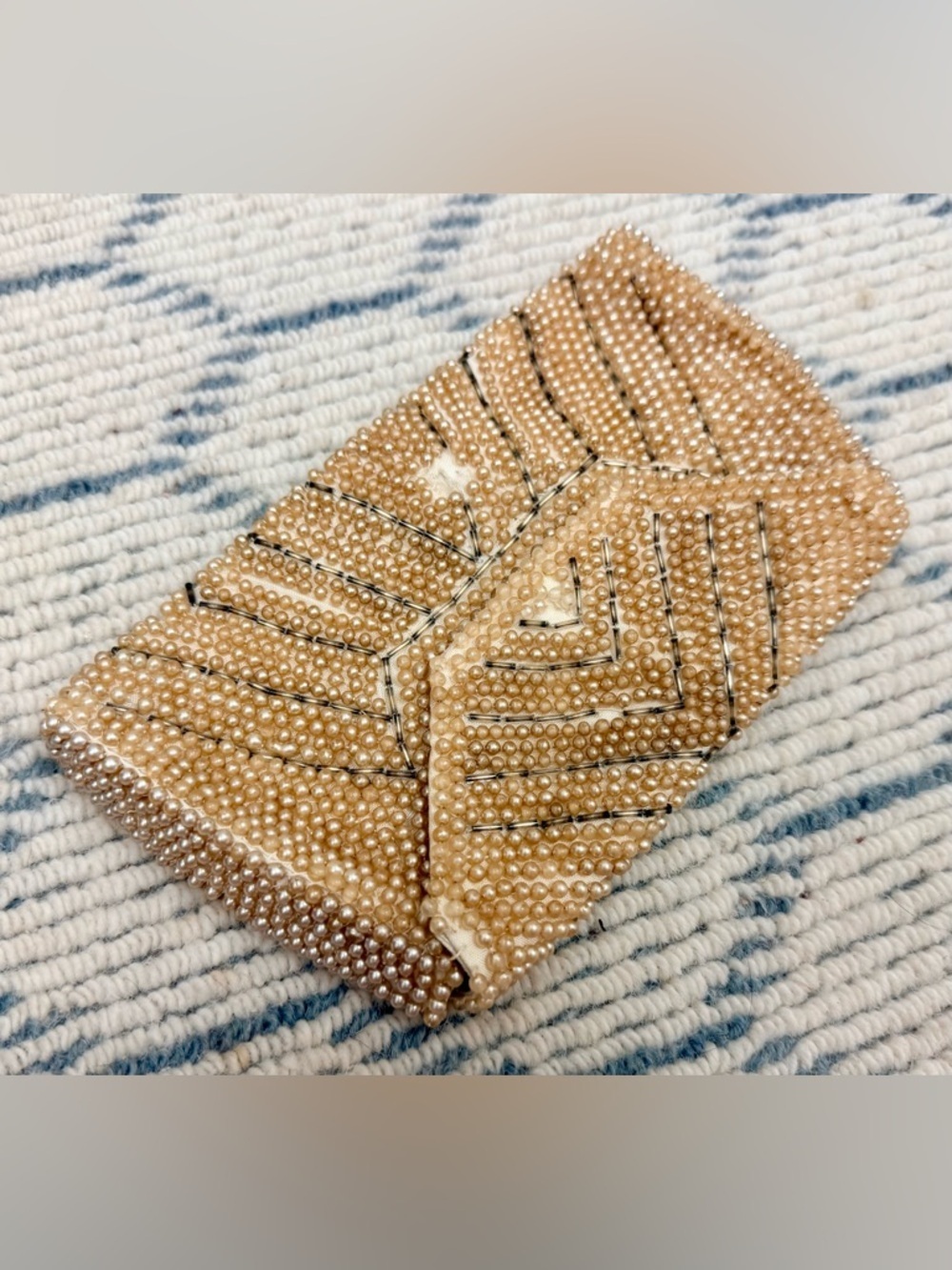 RICCI Vintage 50’s/60’s Creamy Faux Pearl Chevron Beaded Envelope Clutch Purse - Picture 9 of 16